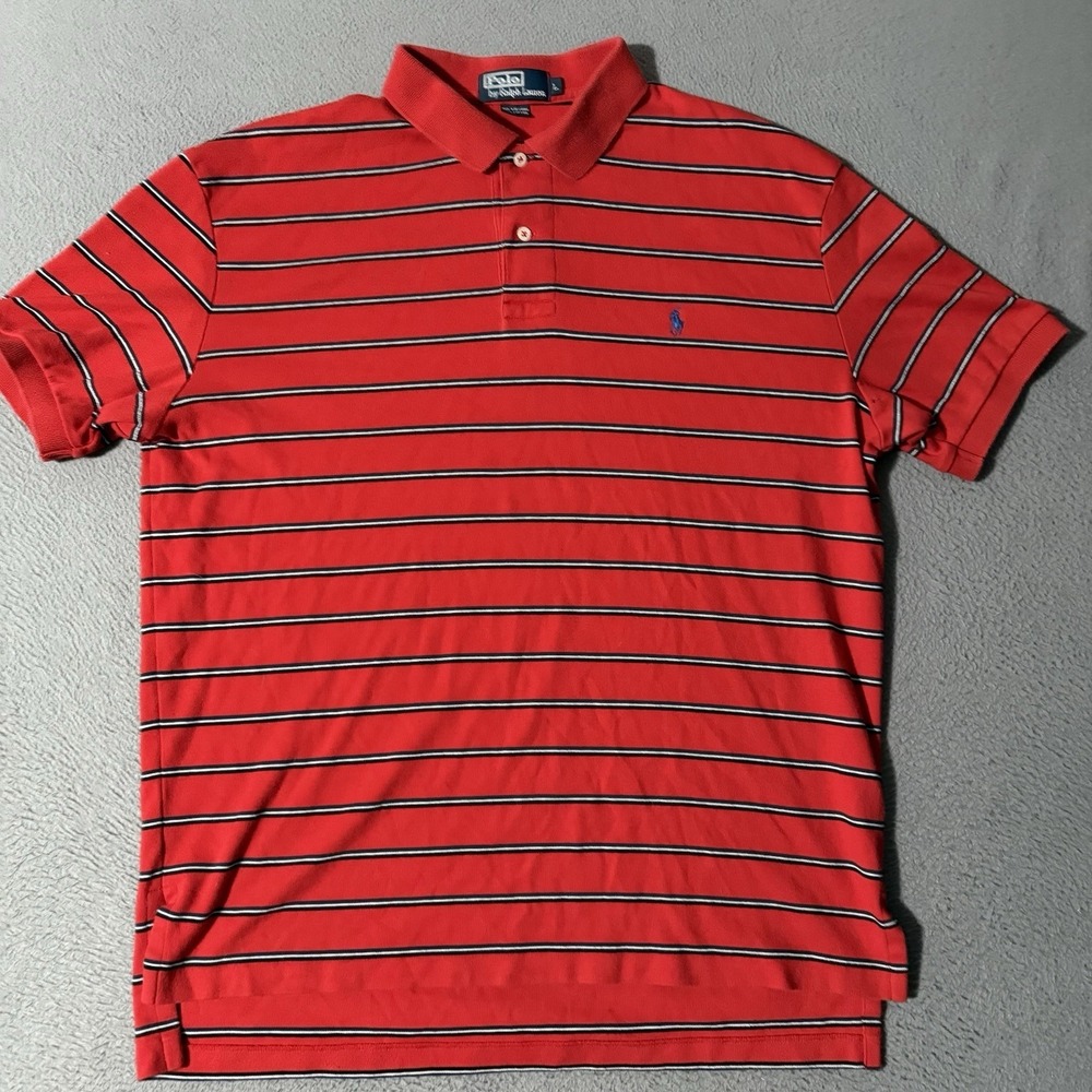 VTG Polo Ralph Lauren Polo Shirt Mens Size Large Red Striped Short‎ Sleeve